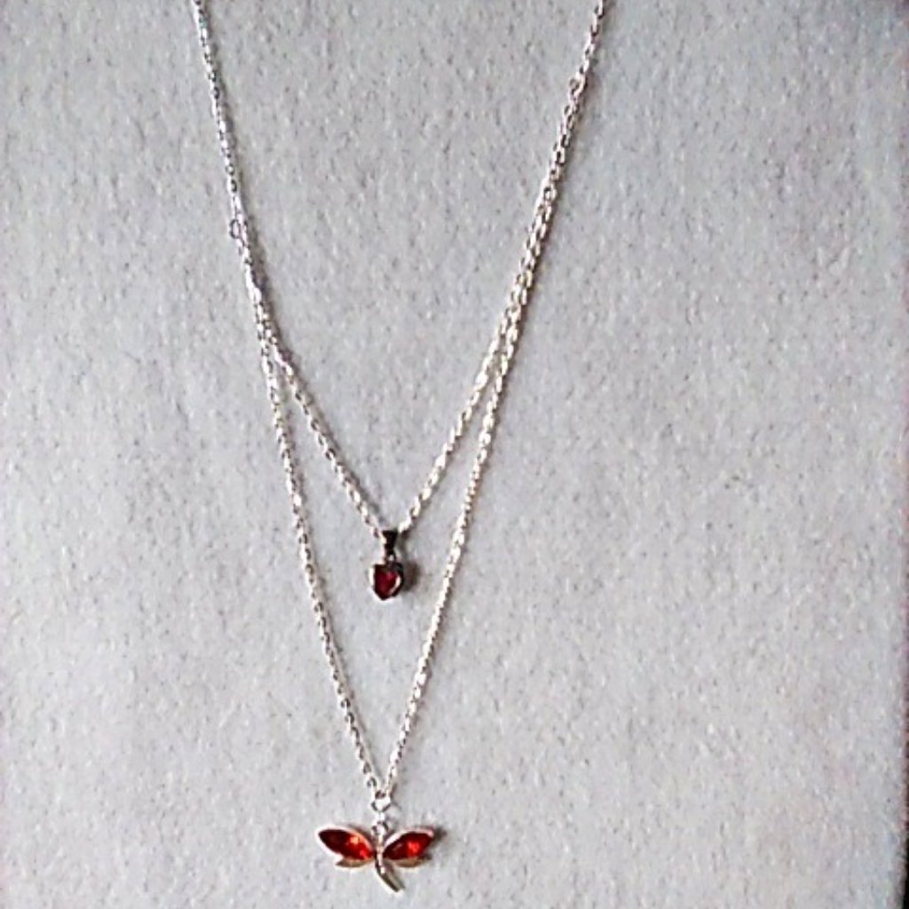 Necklace Double Silver-Tone Chains Red Vintage Heart Red Dragonfly Handcrafted
